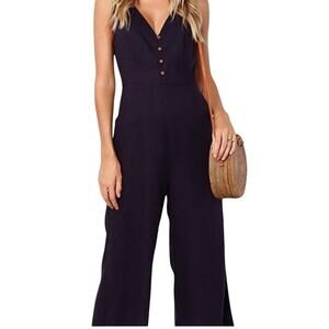 Ecowish Womens Black Sleeveless Zip Back Side Pockets V-Neck Jumpsuit Size M